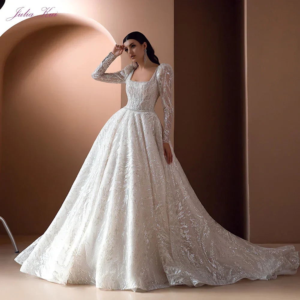 Gorgeous Sequined Embroidery Lace Square Collar A-line Wedding Dresses With Full Sleeves Court Train picture color