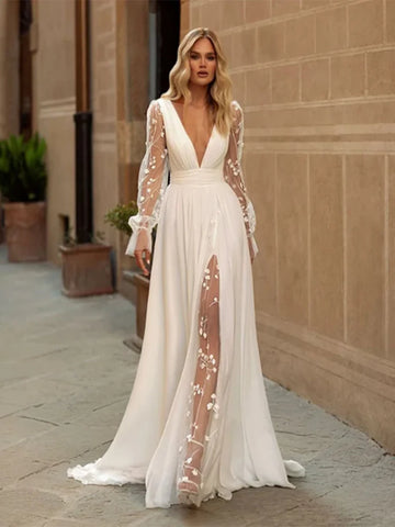 Sexy Wedding Dresses Deep V Neck Long Sleeves Bridal Gowns Backless Appliques A-Line Sweep Train Chiffon свадебное платье