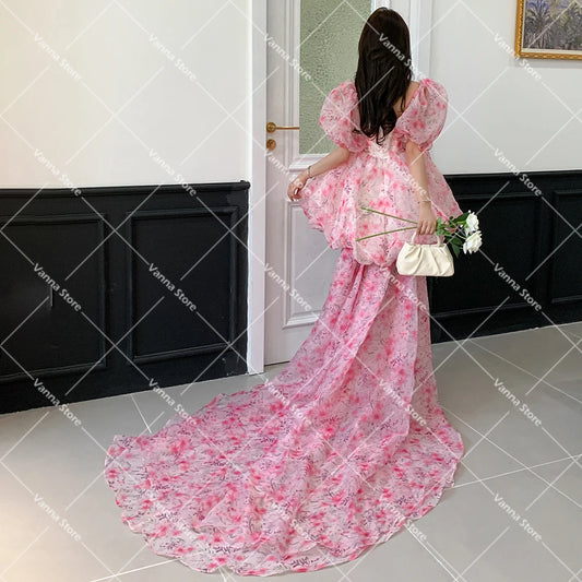 Customized Barbara Floral Printed Puff Organza Fairytale Dress Sheer Bandeau Sleeve Mini Square Neck Detachable Train Prom Gown