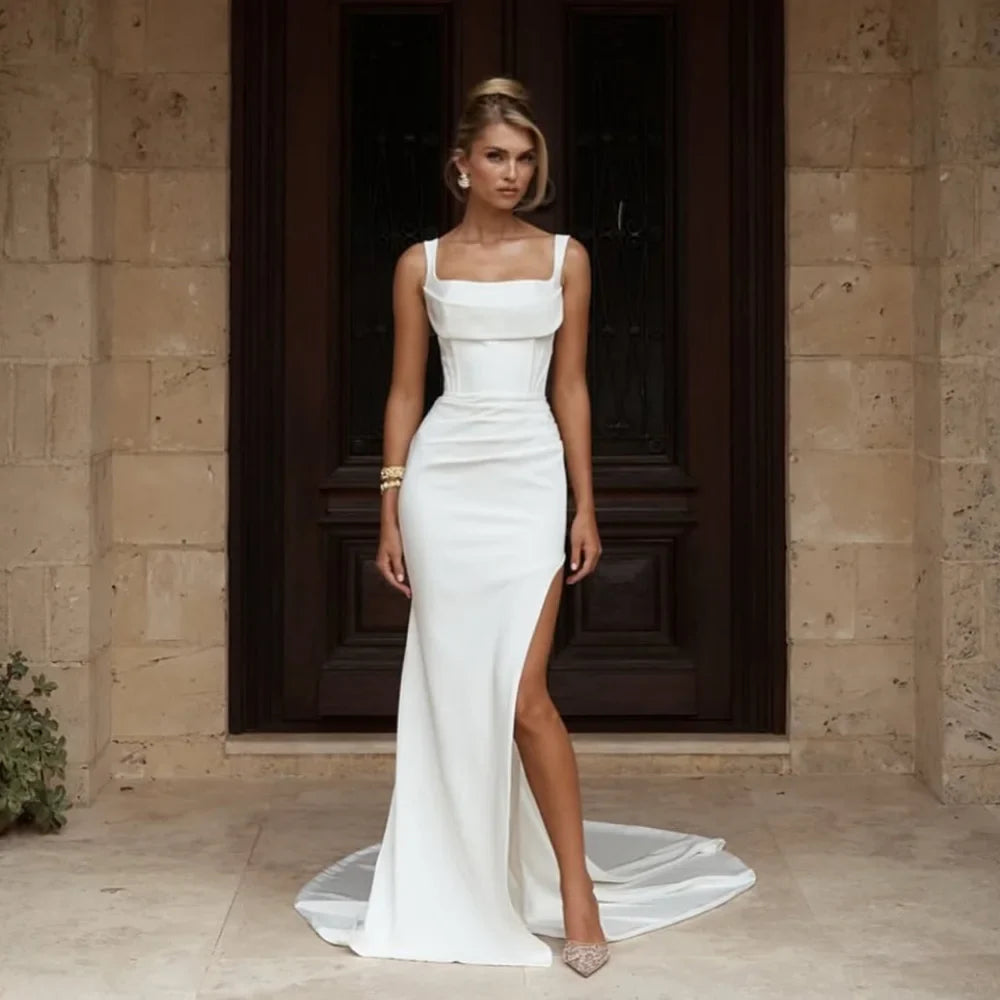 Modern Mermaid Wedding Dresses Square Collar Spaghetti Straps Split Backless Sexy Bridal Dress Vestidos De Novia Customized