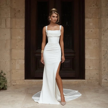 Modern Mermaid Wedding Dresses Square Collar Spaghetti Straps Split Backless Sexy Bridal Dress Vestidos De Novia Customized