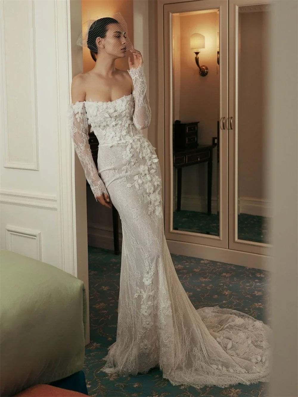 Beaded floral mermaid wedding dress off shoulder full sleeves strapless lace bridal gown