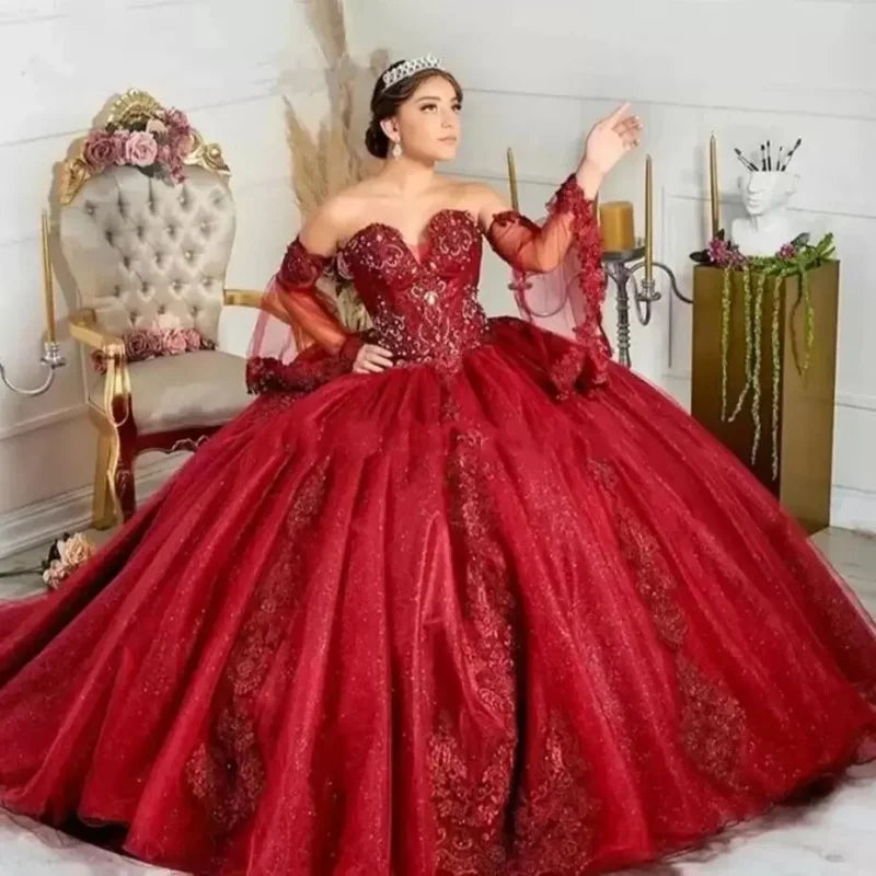 Glittering Burgundy Wedding Dresses Party Gowns Vestidos De Sexy Puffly Sleeves Applique Birthday