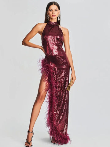Sexy halter feather sequin long dress women wine red sleeveless backless high slit maxi celebrity evening