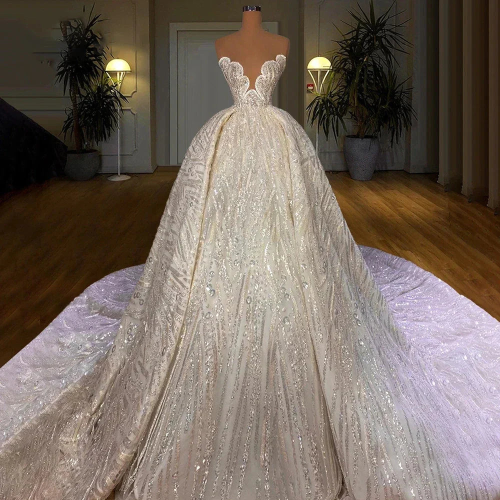 V-neck strapless backless floor length church train elegant prom bridal party wedding dress ivory