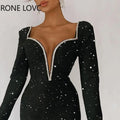 Glitter rhinestone elegant deep V-neck long sleeves midi formal black dress women side view