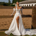 Beautiful beach off-shoulder lace appliques high split long sleeves romantic backless mopping bridal gown
