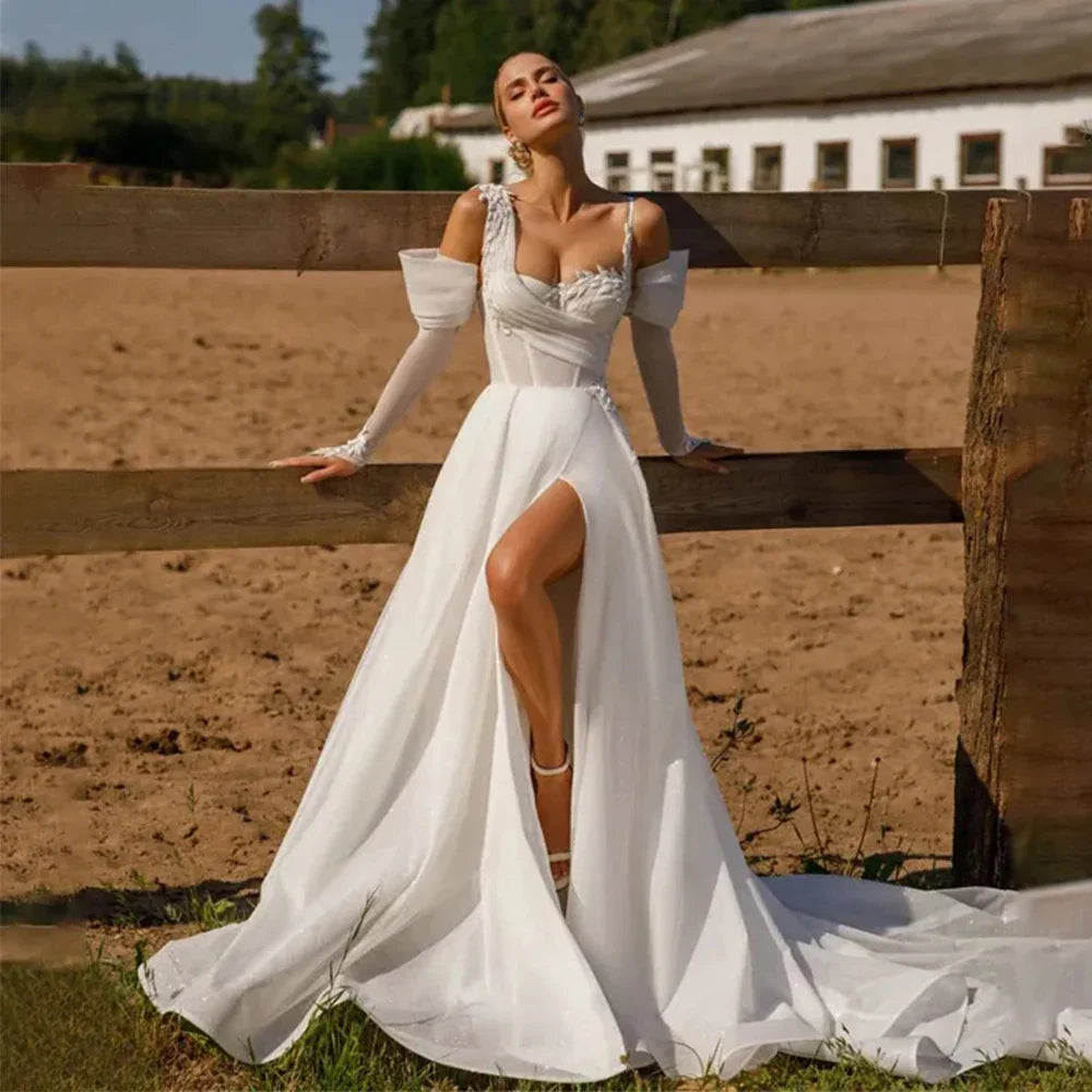 Beautiful beach off-shoulder lace appliques high split long sleeves romantic backless mopping bridal gown