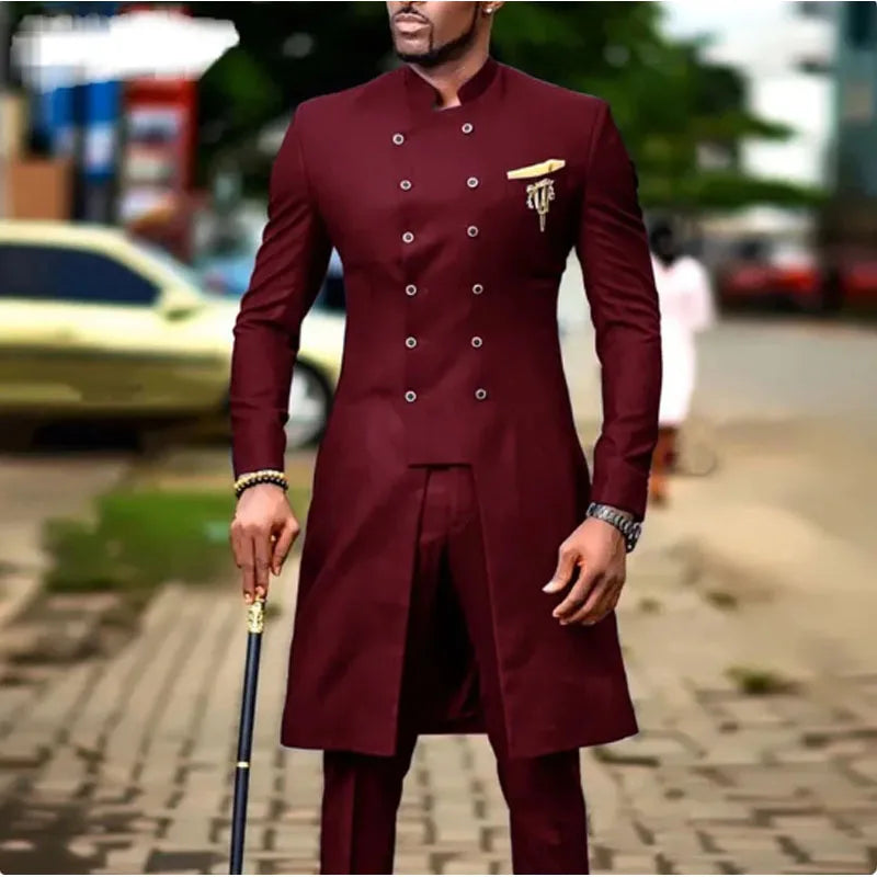 African double breasted slim classic groom wedding tuxedo costume men suit back view