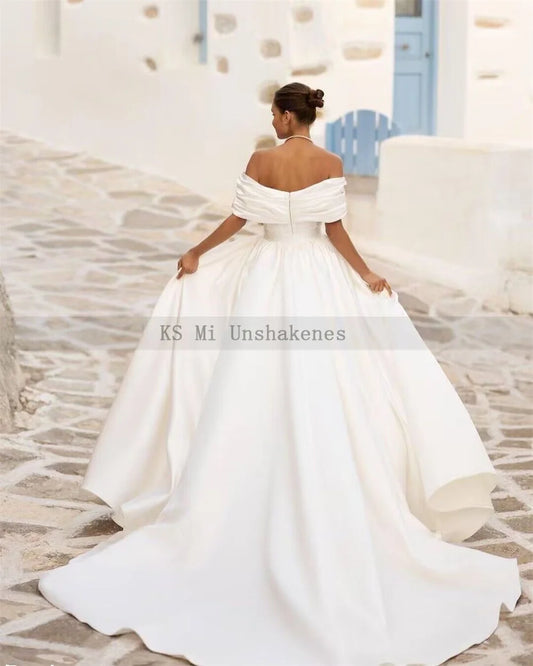 Two Pieces Wedding Dresses Off Shoulder Satin Detachable Skirt Bride Dress 2024 Short Lace Wedding Gowns 2 in 1 Pockets New