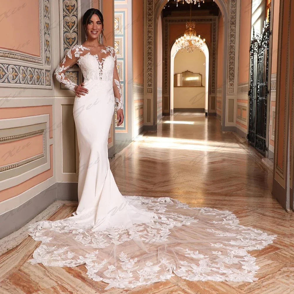 Mermaid long sleeved princess lace gorgeous formal beach prom party wedding dress bridal gown side view