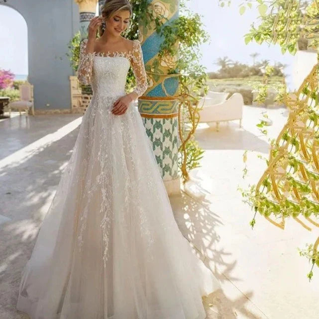 Exquisite lace tulle A-line O-neck long sleeve bridal gown embroidery button pleat wedding dress