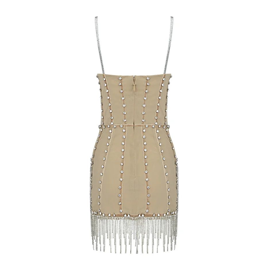 Ultra-short mini V-neck diamond rhinestone tassel fringe sexy strap beading split party dress detail