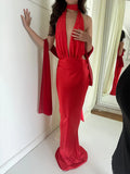 Deep V-neck elegant satin bandage backless sleeveless sexy long maxi dress women close-up