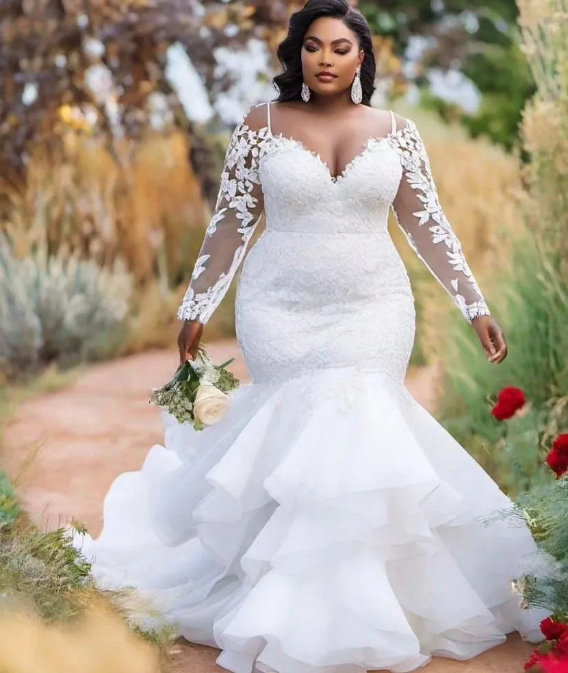 Plus size mermaid wedding dress 2026 sheer neck long sleeves lace appliques ruffles tiered African