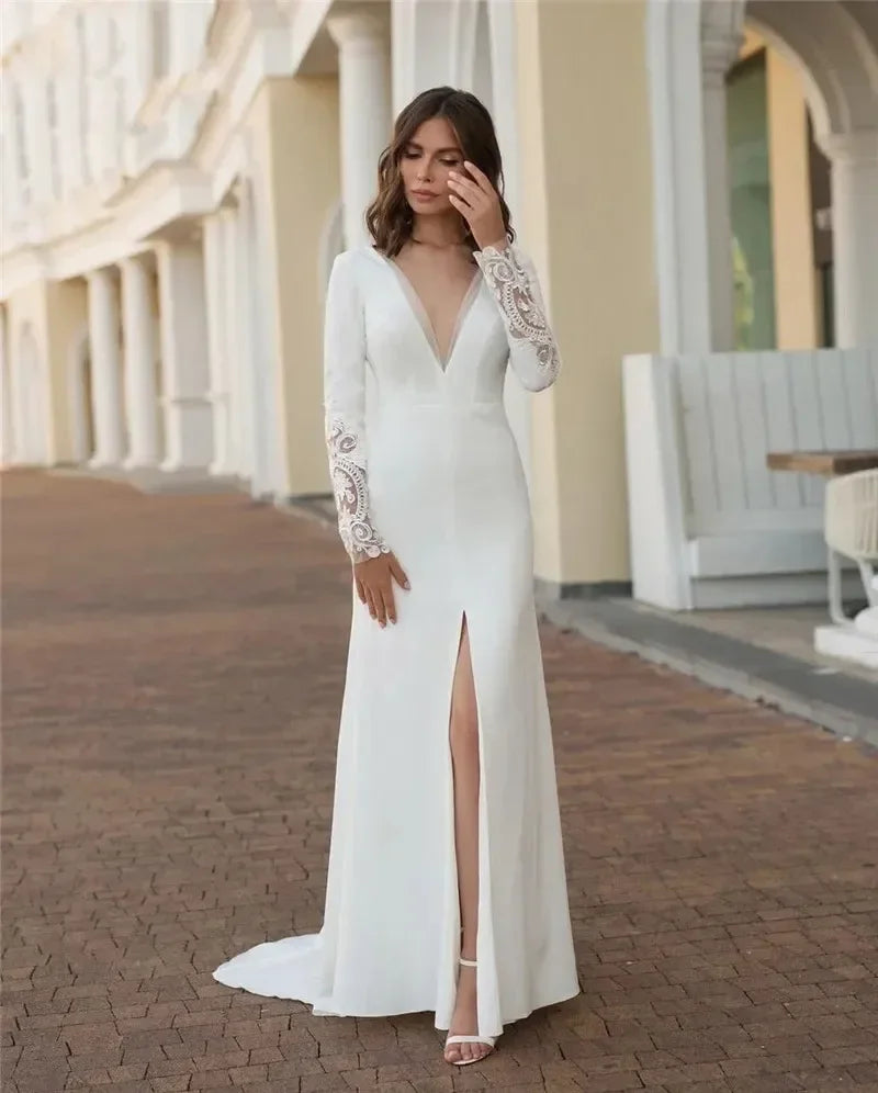 Romantic luxury mermaid sexy slit V-neck long sleeve floor length beach bridal party wedding dress