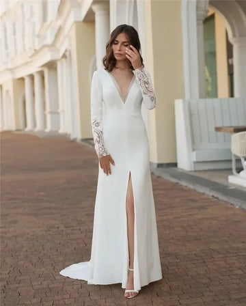 Romantic luxury mermaid sexy slit V-neck long sleeve floor length beach bridal party wedding dress