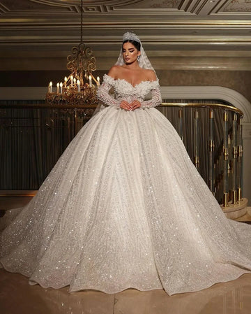 Customized Exquisite Off The Shoulder Bridal Dress Shiny Sequins Beads Wedding Dress Ball Gown Robe Vestido De Novia