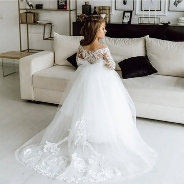 FATAPAESE White Kids Bridesmaid Dress for Girls Flower Long Sleeve Floral Lace Tulle A Line Gown Appqulies Wedding Even