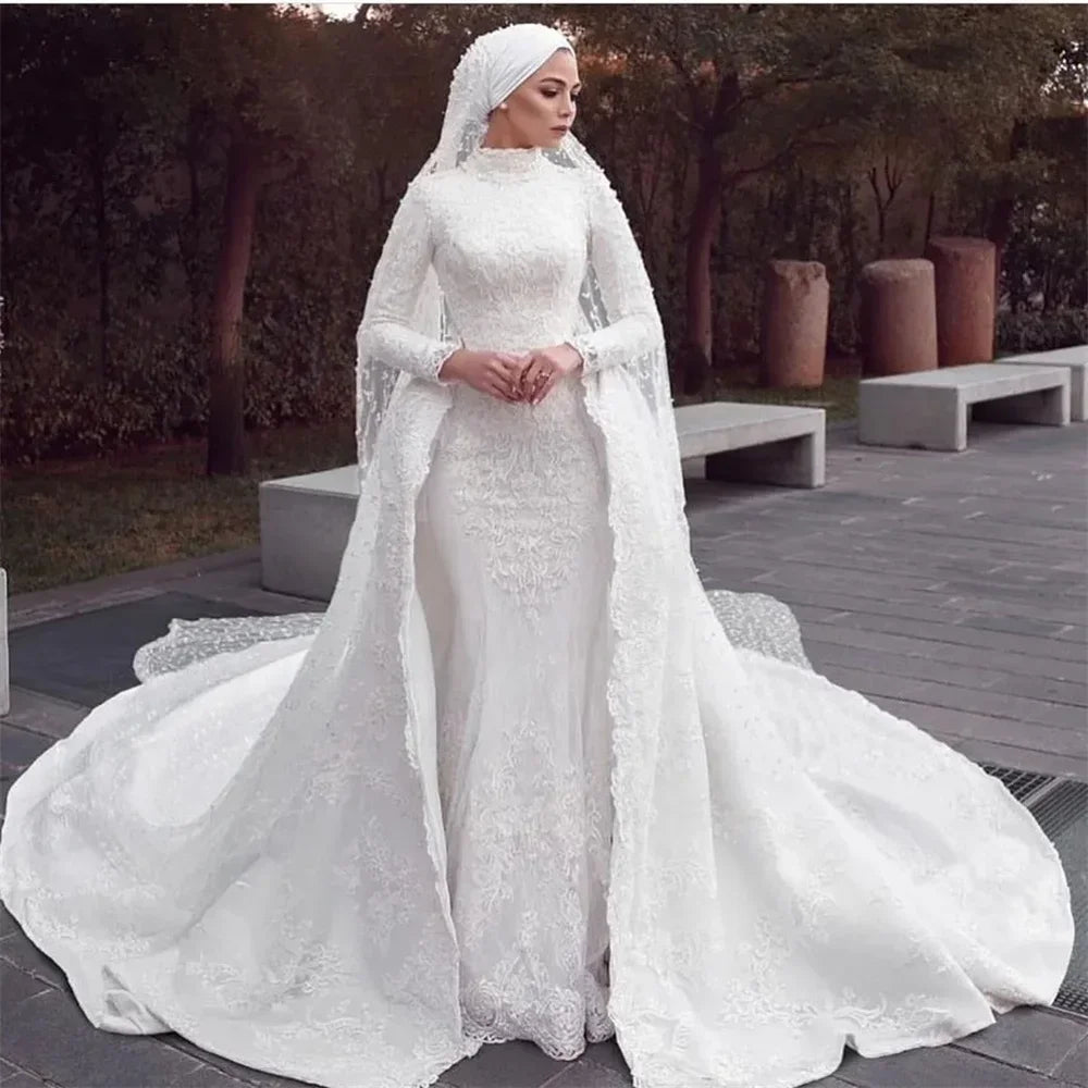 Muslim mermaid wedding dress detachable train applique lace high neck long sleeve