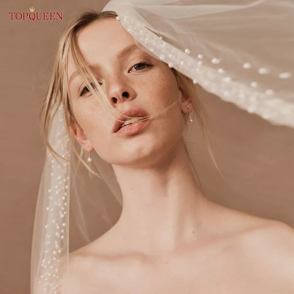 TOPQUEEN Pearls Wedding Veils with Comb Bridal Veil Type Layer Dramatic 1 Tier Pearl Veil Bridal Veils Bead Wedding Veil V157