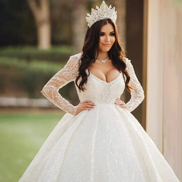 Customized Elegant V-Neck Wedding Dress Lace Sequin Beaded Princess Bridal Gown Princess Bride Marriage Women Clothing