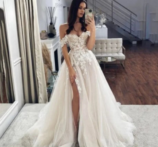 Vestido De Noiva Boho Wedding Dresses Side Split Off the Shoulder Customized A-Line Wedding Gown Sweetheart Bridal Gown