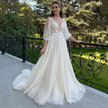 A-line 3/4 sleeve sexy deep V-neck open back tulle lace appliqued bridal gown boho custom wedding dress