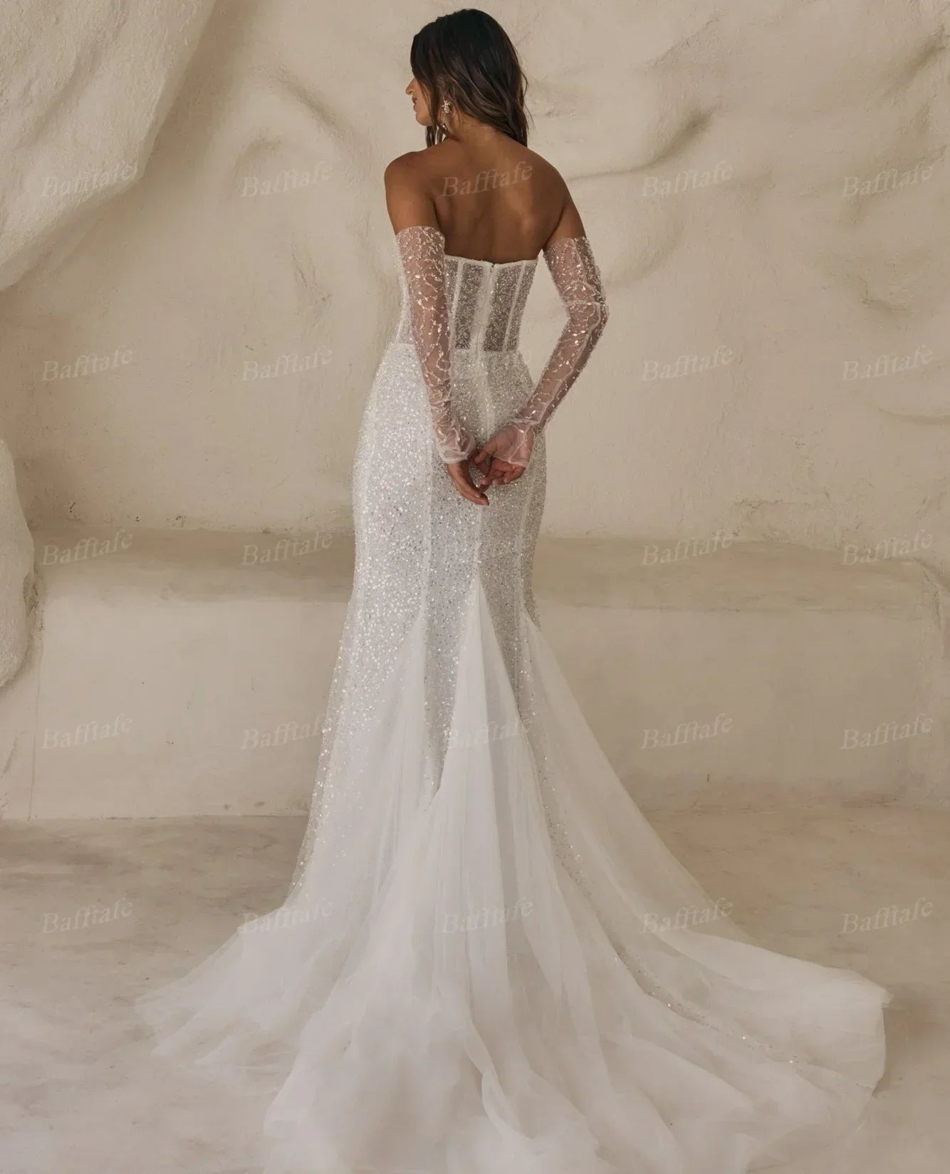 Sequin glitter fishtail mermaid detachable long sleeve formal party bridal gown side view