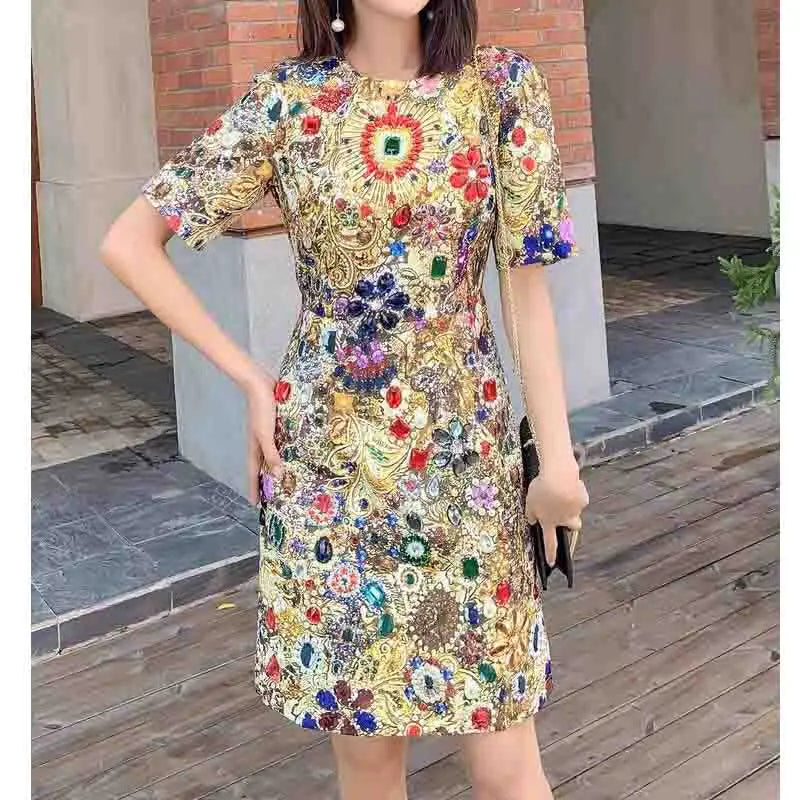 Women's Golden Print Luxury Diamonds Party Dress, Red Robe, Elegant Boho Dresses, Female Holiday Dresses, Designer Fashion