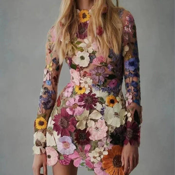 Floral Embroidery Elegant Luxury Women Mini Dress Half High Collar Long Sleeve Dresses Spring Evening Party Lady Vestido
