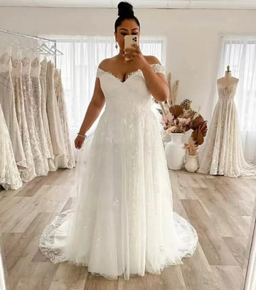 Plus size A-line wedding dress off-the-shoulder lace appliques zip back gorgeous bridal gown