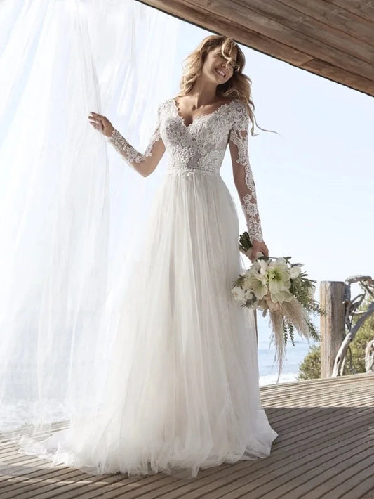 Exquisite Ivory Lace Wedding Dress Elegant Bridal Dress with V-Neck and Long Sleeves for the Perfect Wedding