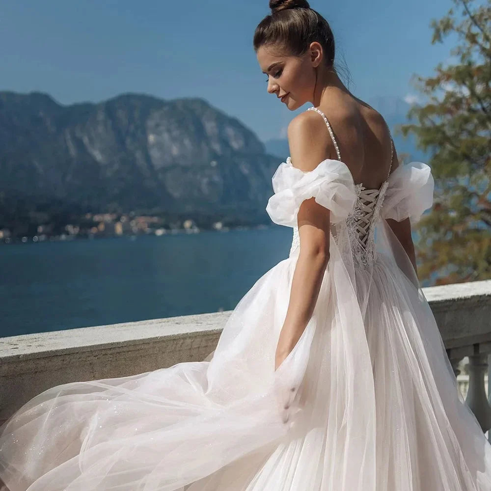 Custom 2026 Gorgeous Beading Lace Tulle Wedding Dresses With 2 Sleeve style for Choose Shoulder Straps Lace Up Princess Gowns