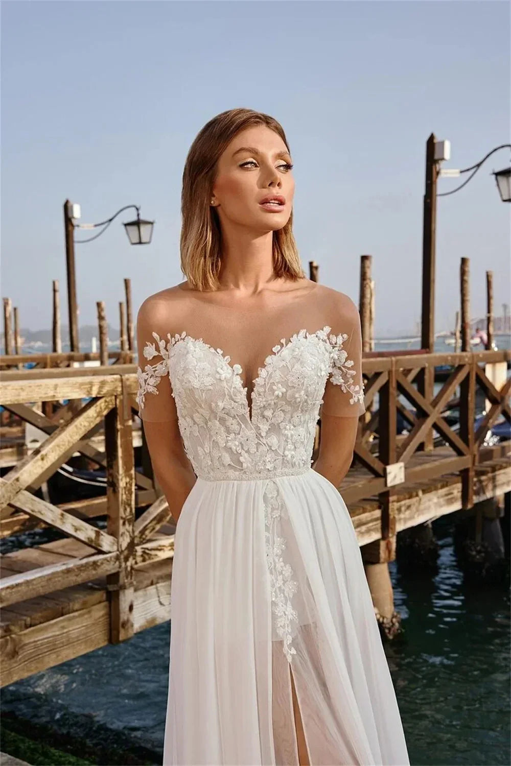 Sexy A-line wedding dress sheer illusion lace applique chiffon princess slit beach bridal gown