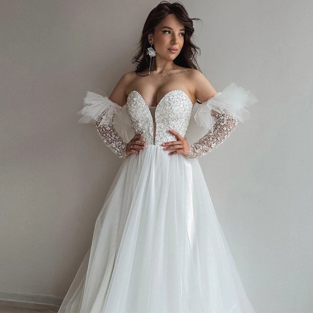 Women's Wedding Dresses Luxury White Tulle Beading Sequined Rhinestone Wedding Party A-line Sweetheart Bride Gowns for Women