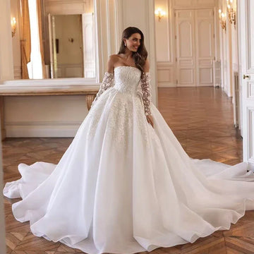 Customized Strapless Long Sleeve Ball Gown Wedding Dress Luxury Appliques Beading Princess Bridal Gown Vestidos De Novia