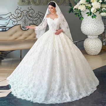 Customzied Graceful Romantic Long Sleeves Lace A-Line Boat-Neck Wedding Dresses Backless Court Train Bride vestidos de novia