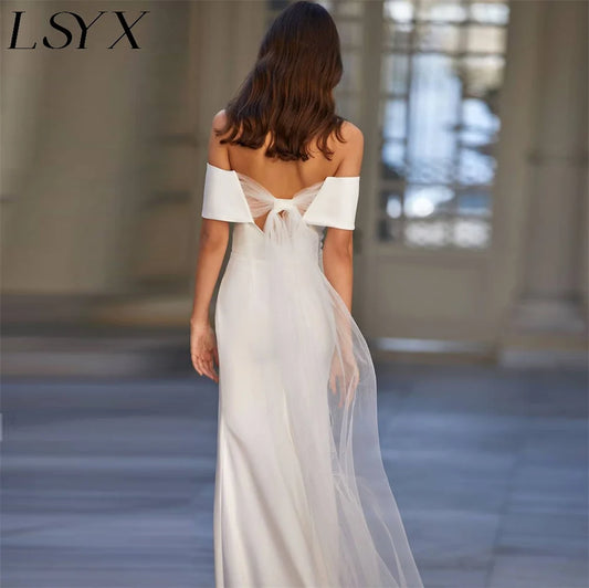 LSYX Elegant Off Shoulder Backless Mermaid Wedding Dress For Women 2024 Simple Crepe Sweep Train Minimalism Bridal Gown