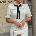 Elegant bow ruffle round neck short sleeves beaded formal white dress women side view