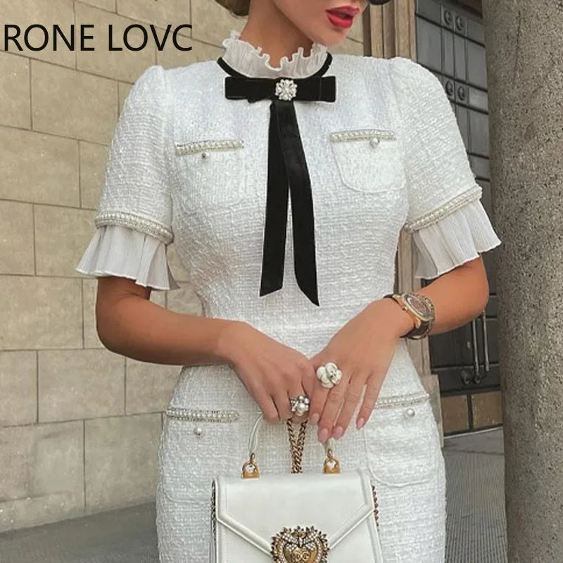 Elegant bow ruffle round neck short sleeves beaded formal white dress women side view