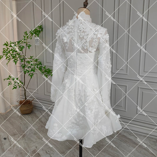 Mini Length High Scalloped Collar Wedding Dress Celebrity Floral Appliqués Long Puffy Sleeves Customized Short Bridal Gowns