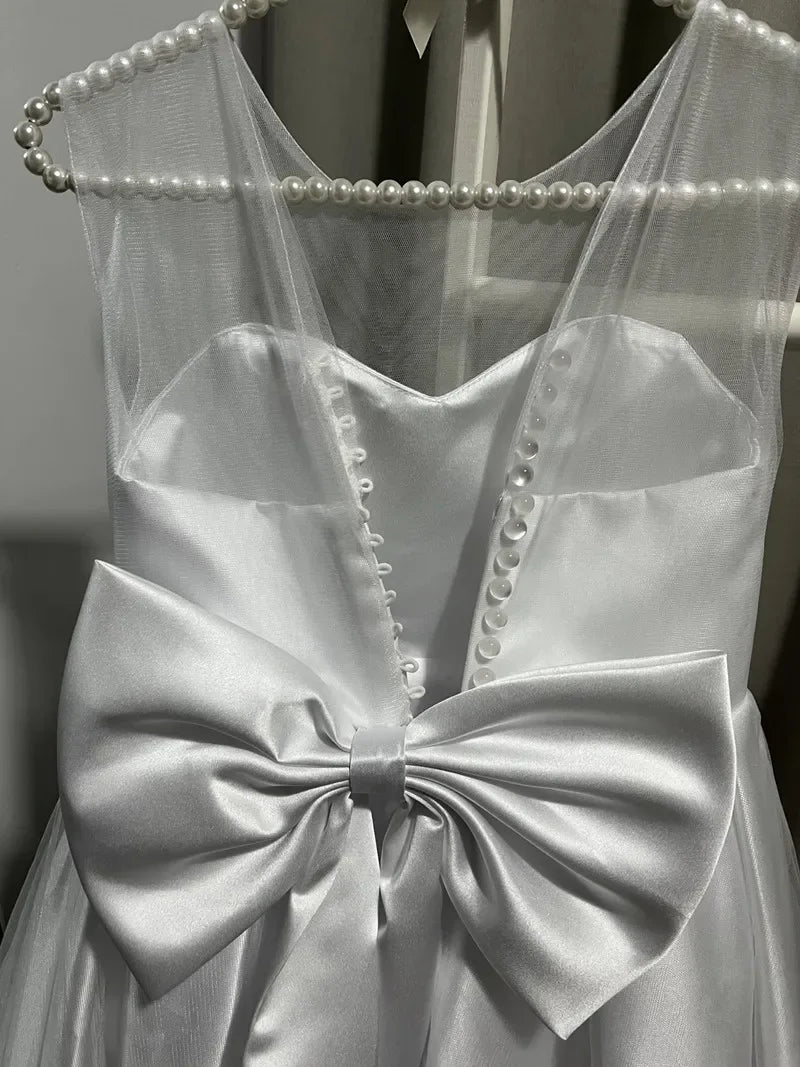 Customized White Child Flower Girl Dresses for Weddings Satin A-line Tulle Bow Long Bridesmaid Pageant Robe First Communion Gown