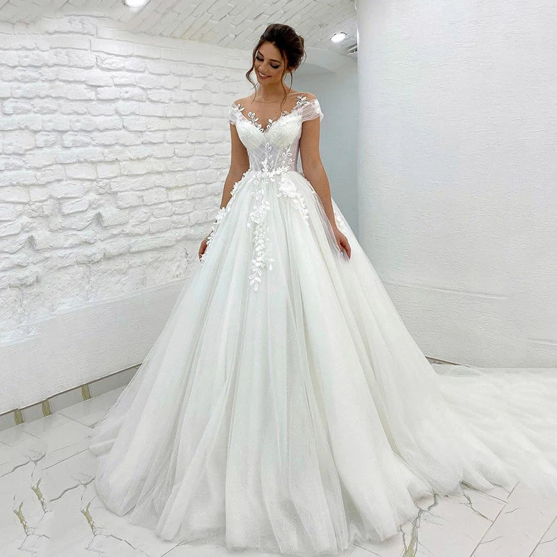 Boho off-shoulder 3D lace sleeveless wedding dress – front view – Snowy Bridal