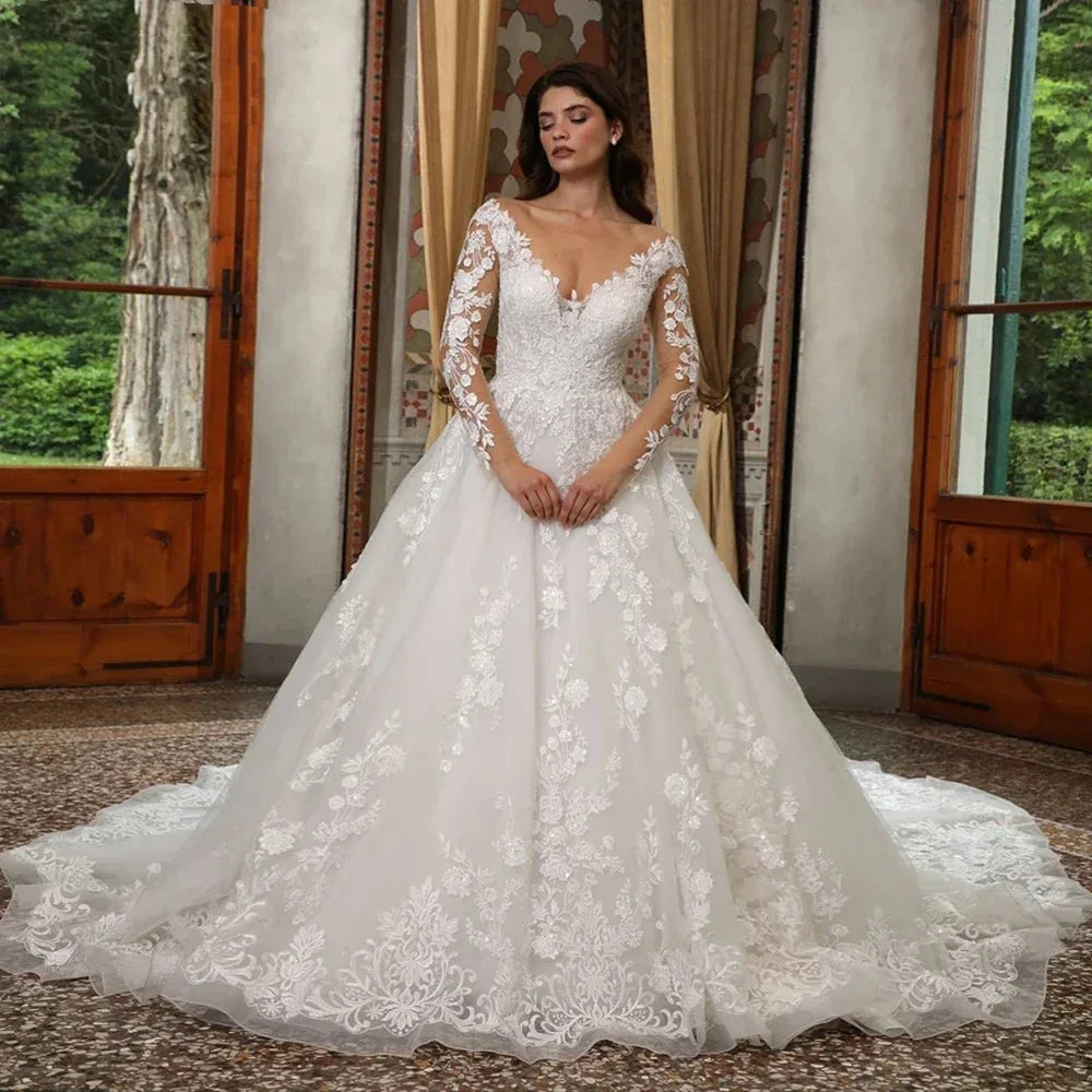 Church wedding dress sheer neck 3D flowers lace long illusion sleeves vintage bridal gown
