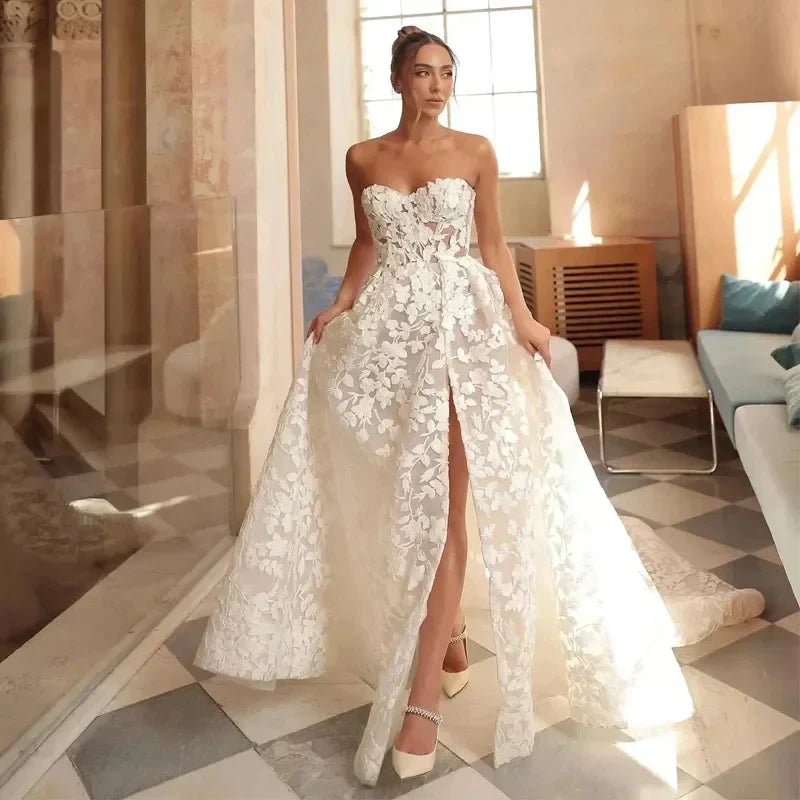 New A-line sweetheart full lace sleeveless side slit boho wedding dress bride gown