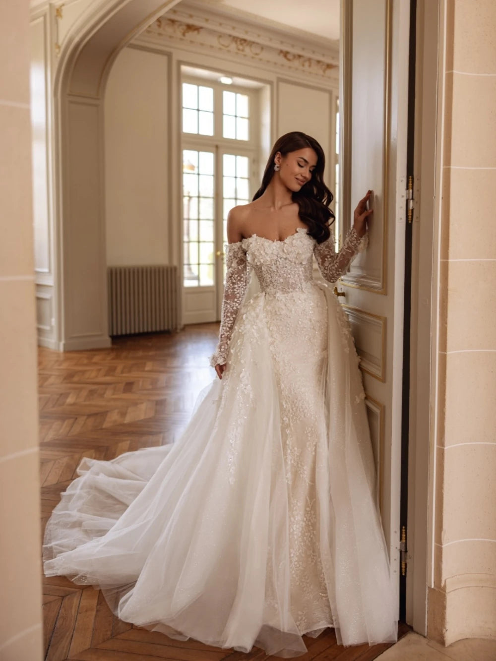 Beaded 3D flower off-shoulder mermaid wedding dress – detail view – Snowy Bridal