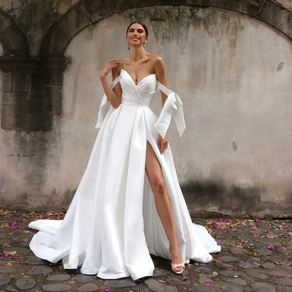 Wedding Dresses Women Sweetheart Bow Pleated High Slit Button Bridal Gown Elegant Satin Wedding Party Dress Customized