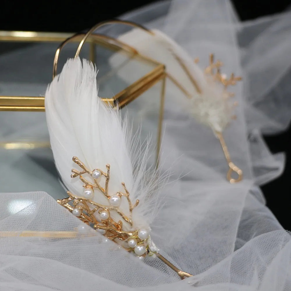 White Feather Tiara Headband Wedding Hair Accessories For Girl Women Crowns Fashion Pearl Tiaras Korona Branches Hair Ornaments