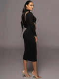 Autumn winter long sleeve half high collar elegant bodycon sexy maxi party club dress women side view
